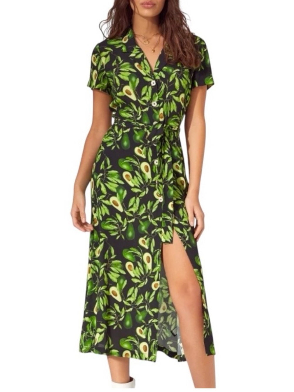 Avocado Print Button Front Midi Dress NWT | XXS